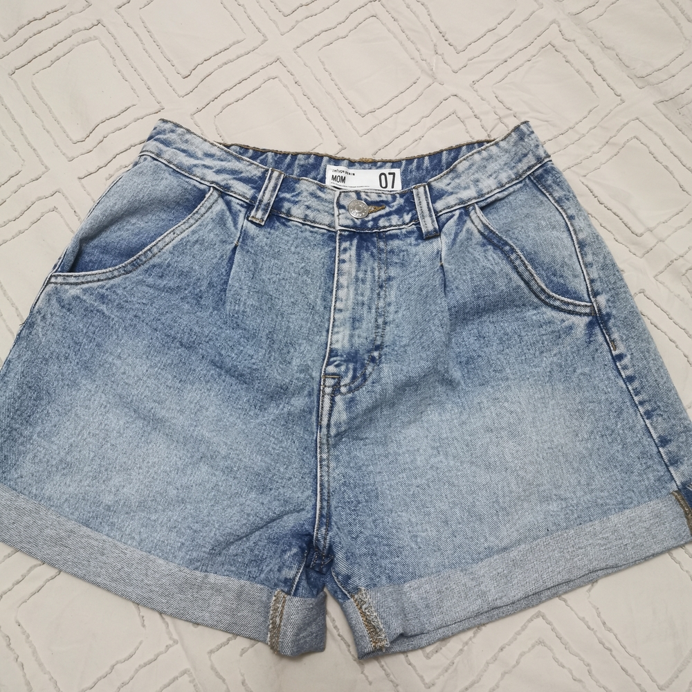 Blue Jean Shorts with Distressed Look and Cuffed Hems